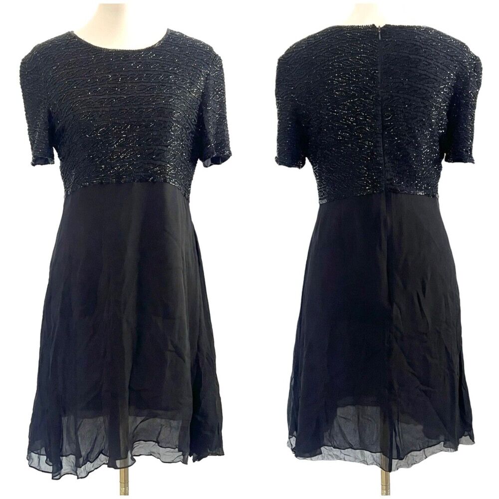 Vintage Talbots 100% Silk Black Beaded Chest Fit Flare Mini Dress Womens sz 10